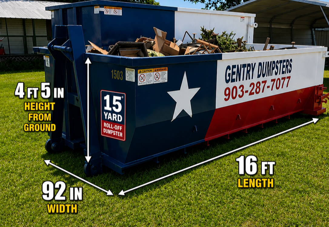 Gentry Dumpster Rentals 15 yard roll-off dumpster with dimensions